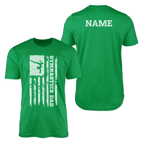 Gymnastics Dad Vertical Flag With Gymnast Name on the back of a Men's T-Shirt with a White Graphic