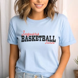 custom basketball mascot and basketball player name on a unisex t-shirt with a black graphic