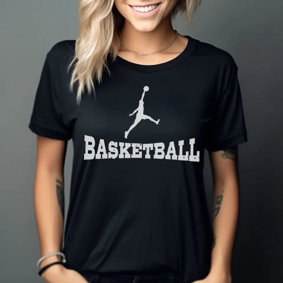 basic basketball with basketball player icon on a unisex t-shirt with a white graphic