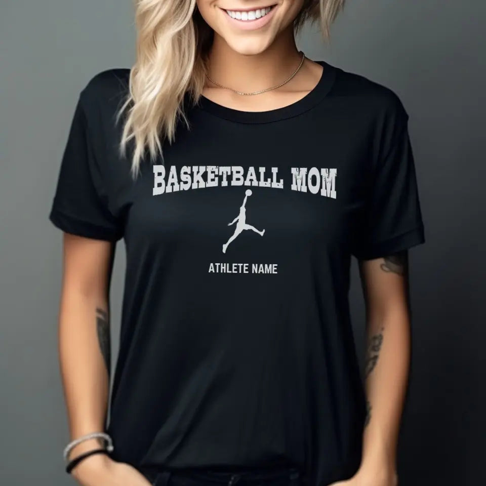 basketball mom with basketball player icon and basketball player name on a unisex t-shirt with a white graphic