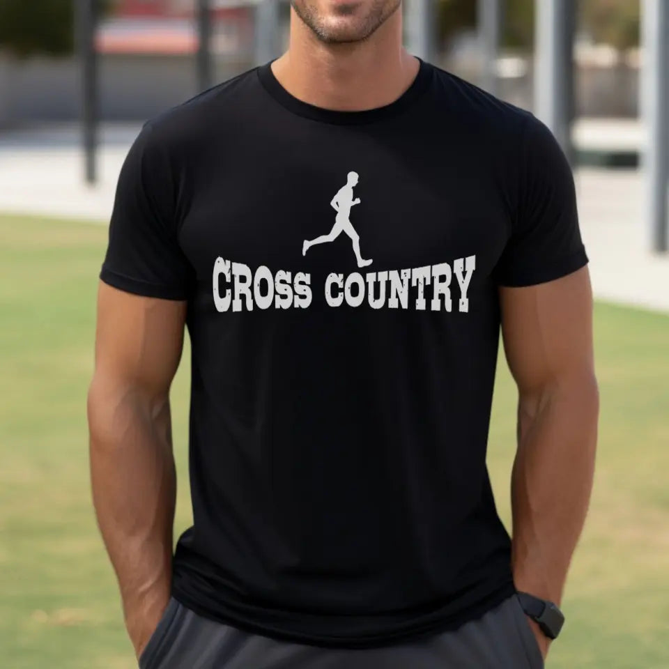 basic cross country with cross country runner icon on a mens t-shirt with a white graphic