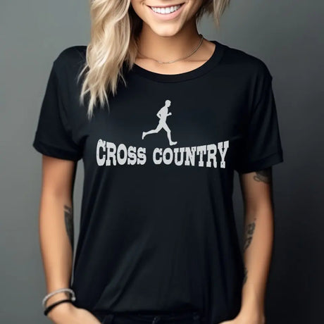 basic cross country with cross country runner icon on a unisex t-shirt with a white graphic