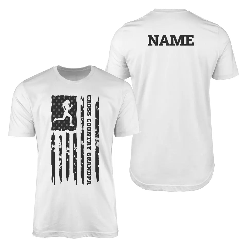 cross country grandpa vertical flag with cross country runner name on a mens t-shirt with a black graphic