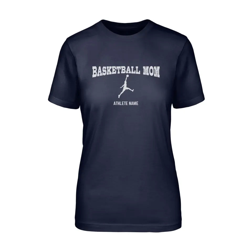 basketball mom with basketball player icon and basketball player name on a unisex t-shirt with a white graphic