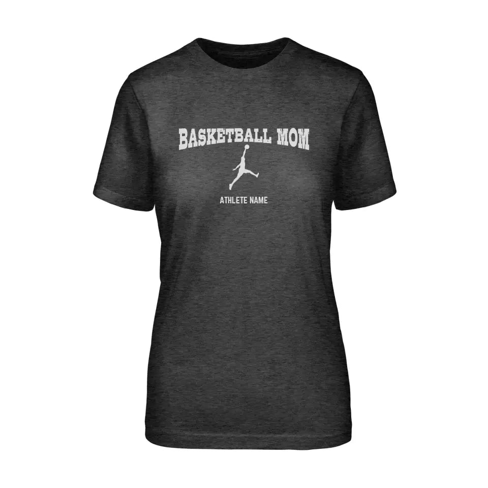 basketball mom with basketball player icon and basketball player name on a unisex t-shirt with a white graphic