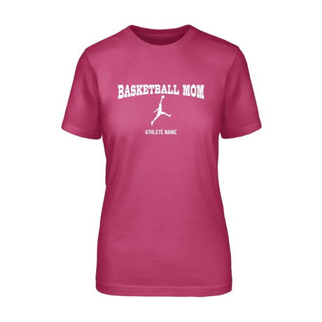 basketball mom with basketball player icon and basketball player name on a unisex t-shirt with a white graphic