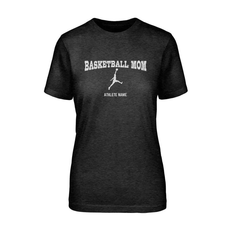 basketball mom with basketball player icon and basketball player name on a unisex t-shirt with a white graphic