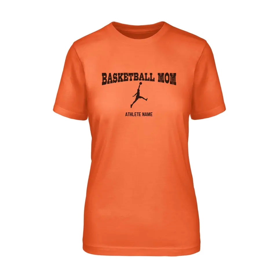 basketball mom with basketball player icon and basketball player name on a unisex t-shirt with a black graphic