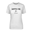 basketball mom with basketball player icon and basketball player name on a unisex t-shirt with a black graphic