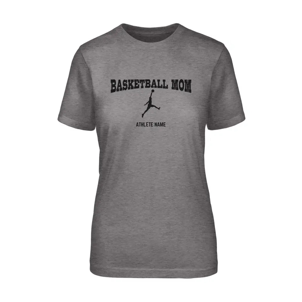 basketball mom with basketball player icon and basketball player name on a unisex t-shirt with a black graphic