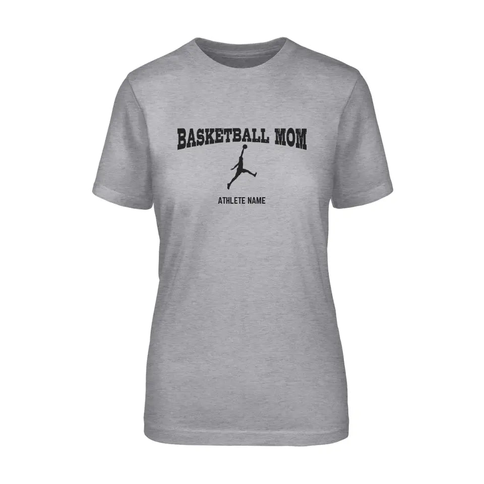 basketball mom with basketball player icon and basketball player name on a unisex t-shirt with a black graphic