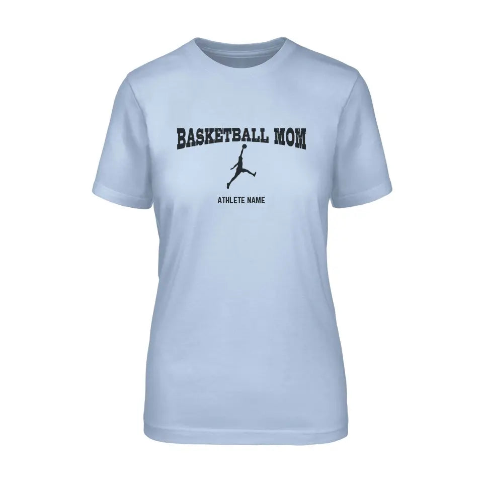 basketball mom with basketball player icon and basketball player name on a unisex t-shirt with a black graphic