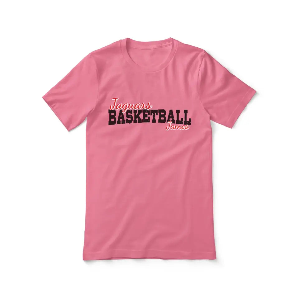 custom basketball mascot and basketball player name on a unisex t-shirt with a black graphic