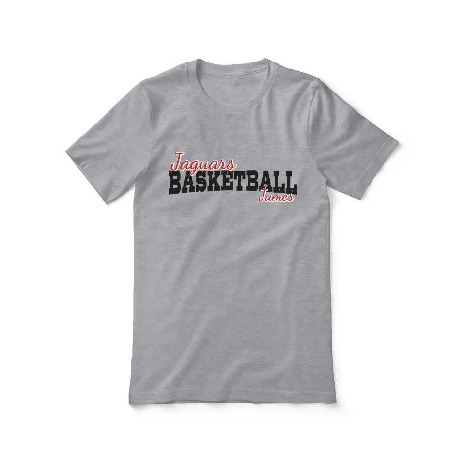 custom basketball mascot and basketball player name on a unisex t-shirt with a black graphic