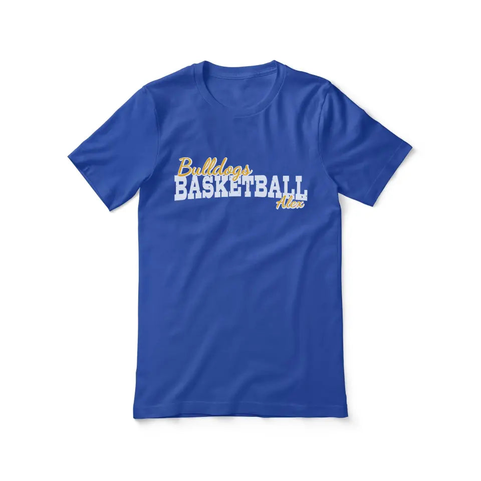 custom basketball mascot and basketball player name on a unisex t-shirt with a white graphic