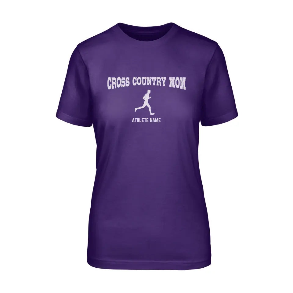cross country mom with cross country runner icon and cross country runner name on a unisex t-shirt with a white graphic
