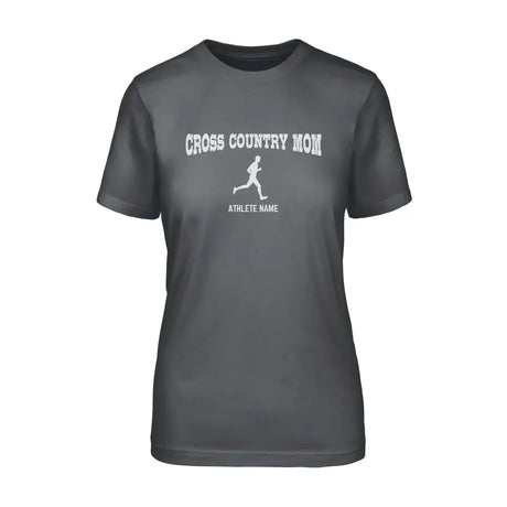 cross country mom with cross country runner icon and cross country runner name on a unisex t-shirt with a white graphic