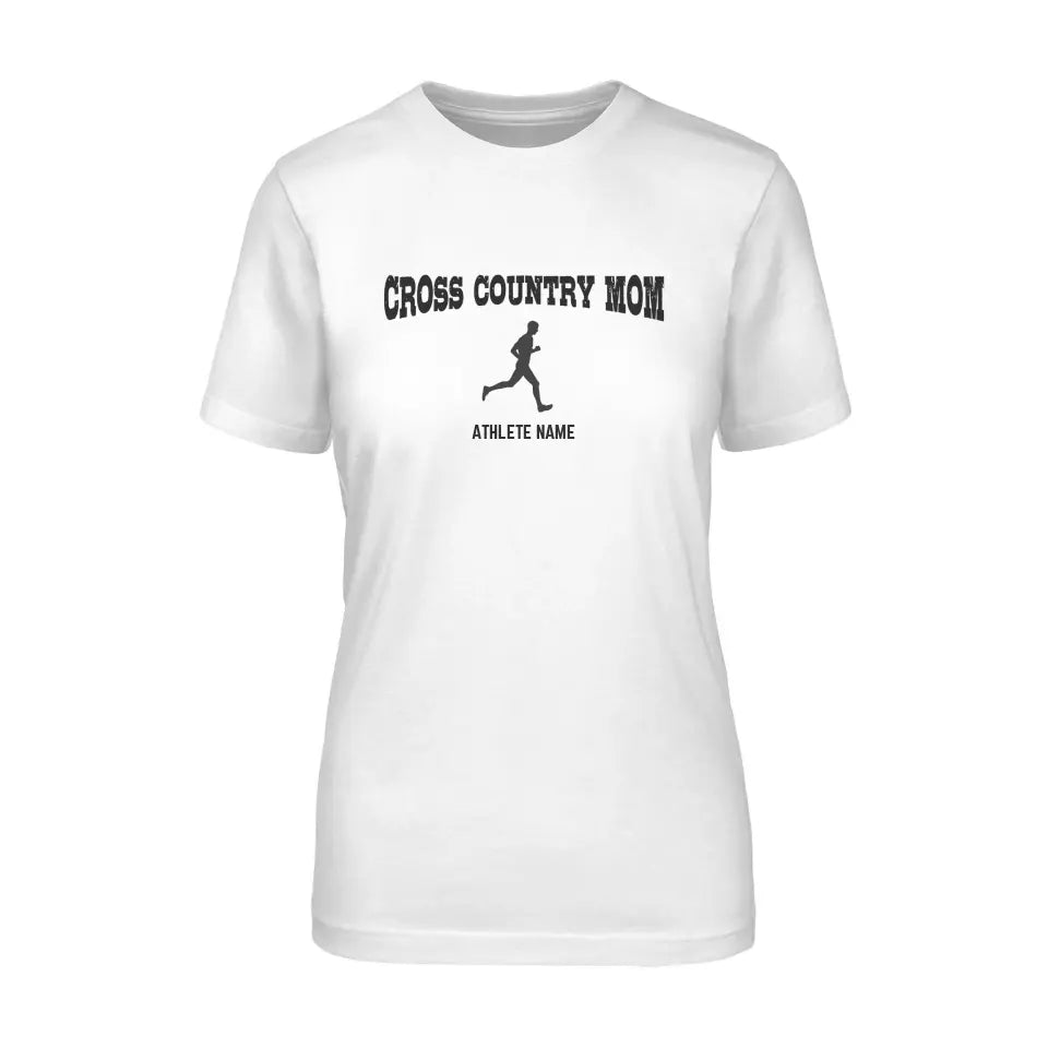 cross country mom with cross country runner icon and cross country runner name on a unisex t-shirt with a black graphic