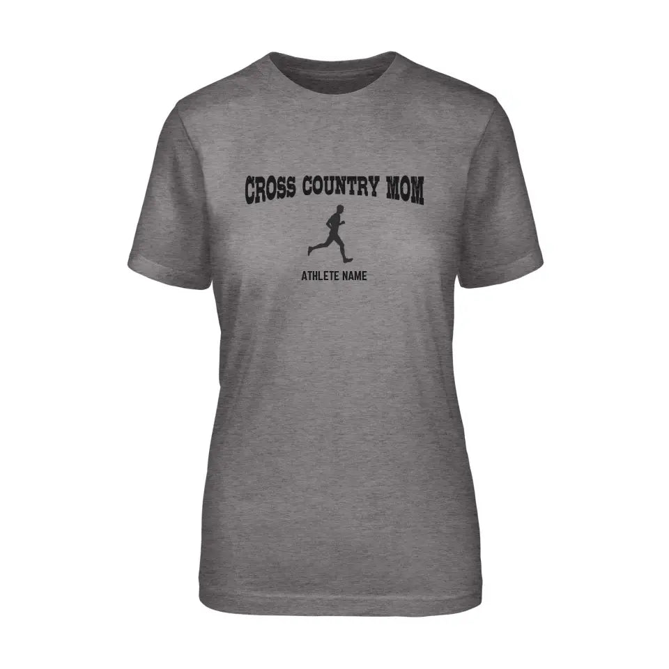 cross country mom with cross country runner icon and cross country runner name on a unisex t-shirt with a black graphic