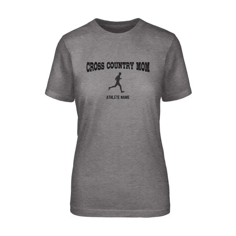 cross country mom with cross country runner icon and cross country runner name on a unisex t-shirt with a black graphic