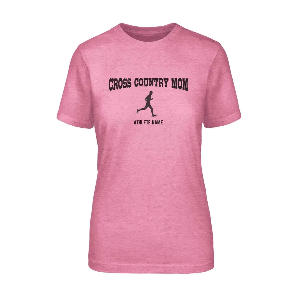 cross country mom with cross country runner icon and cross country runner name on a unisex t-shirt with a black graphic