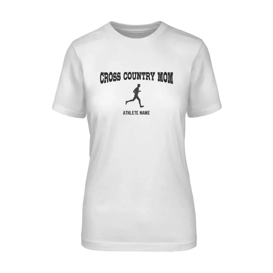 cross country mom with cross country runner icon and cross country runner name on a unisex t-shirt with a black graphic