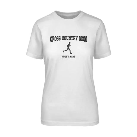 cross country mom with cross country runner icon and cross country runner name on a unisex t-shirt with a black graphic