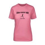 cross country mom with cross country runner icon and cross country runner name on a unisex t-shirt with a black graphic