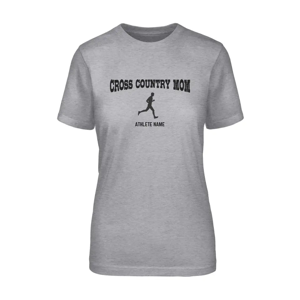 cross country mom with cross country runner icon and cross country runner name on a unisex t-shirt with a black graphic