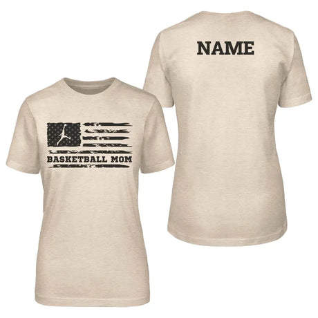 basketball mom horizontal flag with basketball player name on a unisex t-shirt with a black graphic