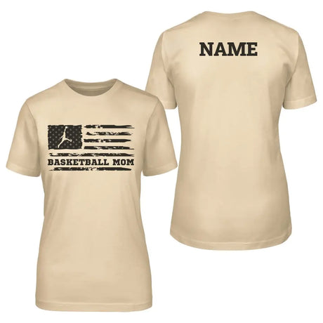 basketball mom horizontal flag with basketball player name on a unisex t-shirt with a black graphic