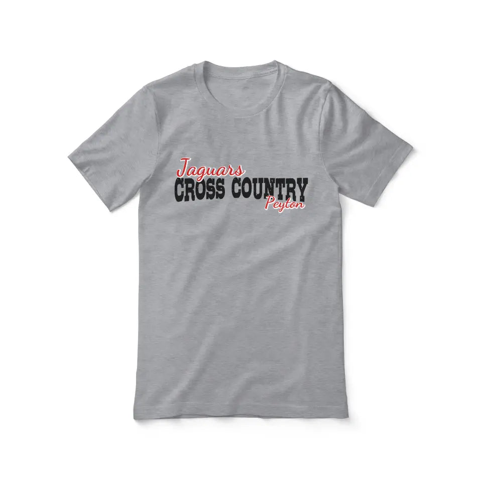 custom cross country mascot and cross country runner name on a unisex t-shirt with a black graphic