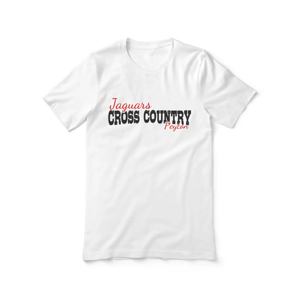 custom cross country mascot and cross country runner name on a unisex t-shirt with a black graphic