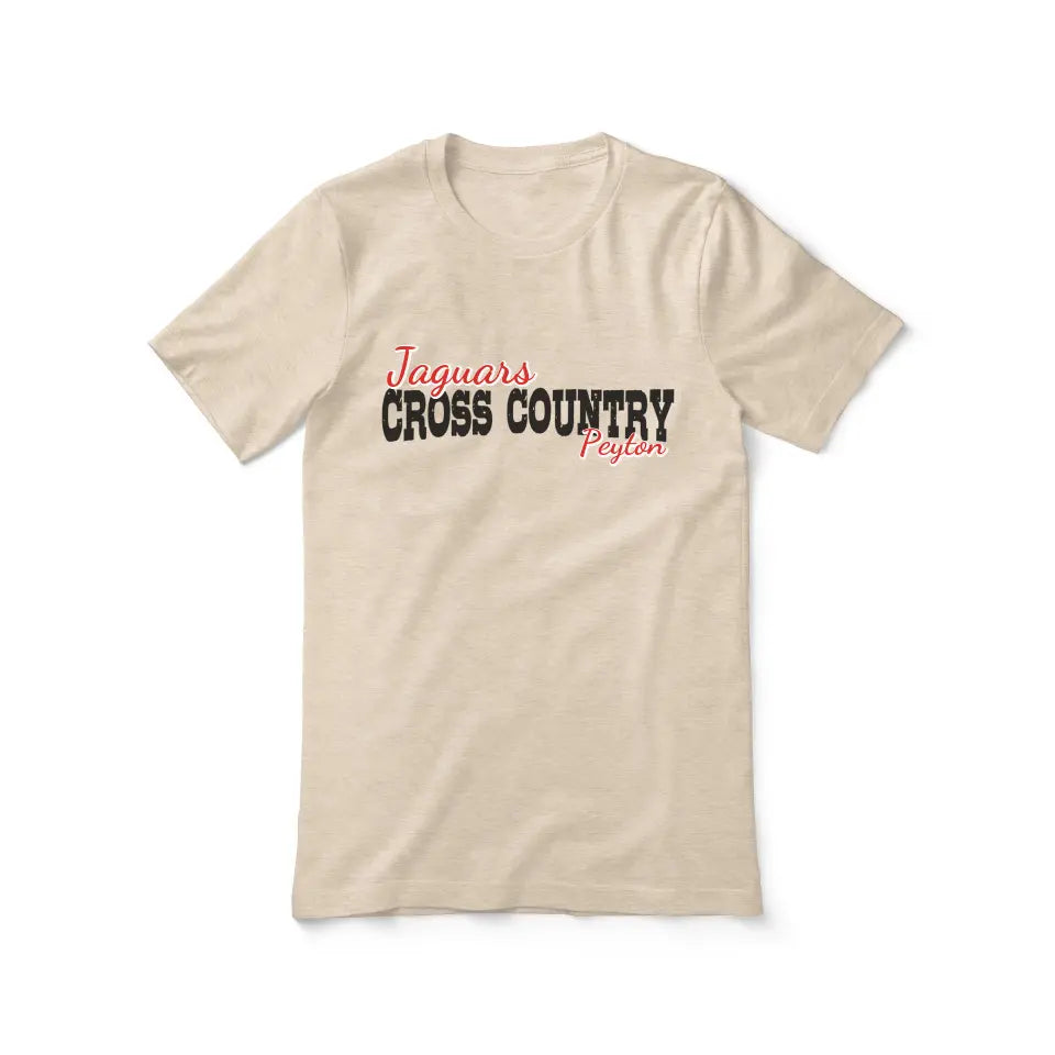 custom cross country mascot and cross country runner name on a unisex t-shirt with a black graphic