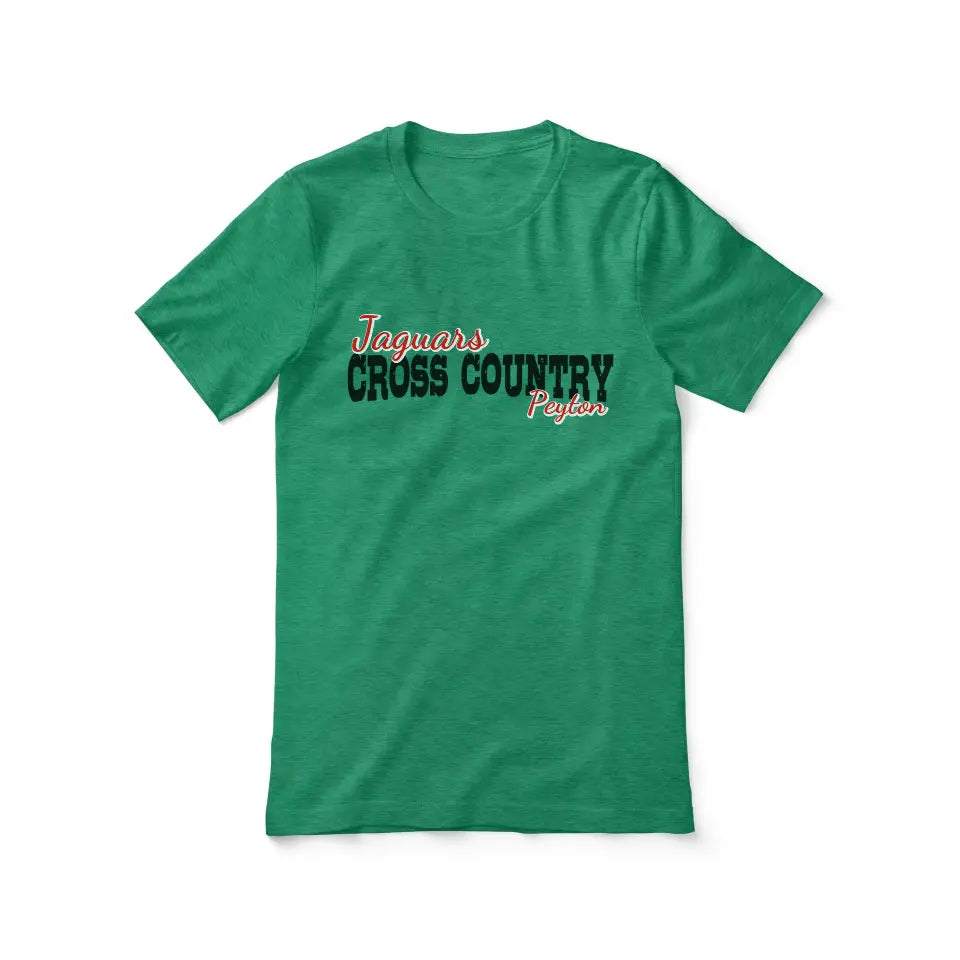 custom cross country mascot and cross country runner name on a unisex t-shirt with a black graphic