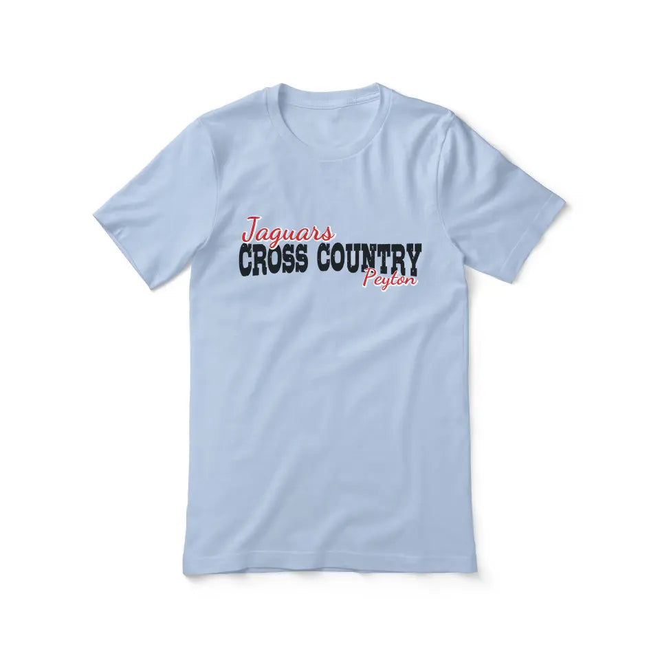 custom cross country mascot and cross country runner name on a unisex t-shirt with a black graphic