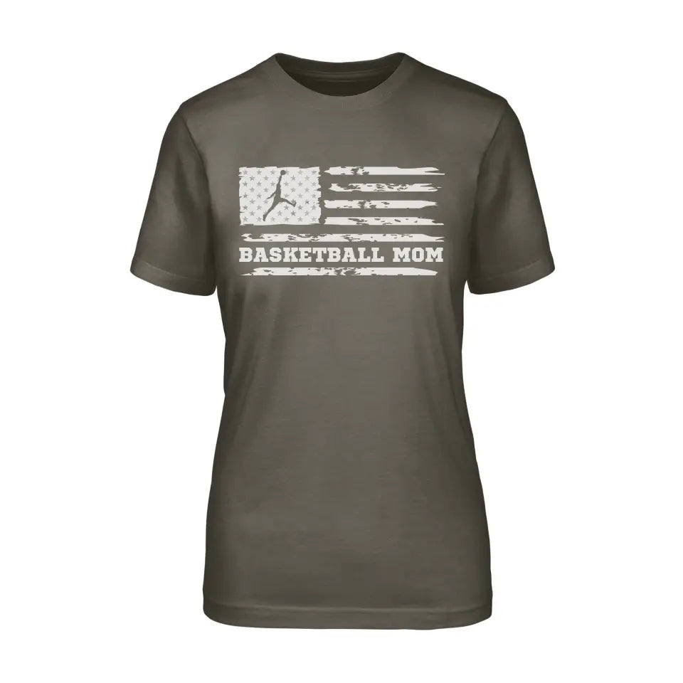 basketball mom horizontal flag on a unisex t-shirt with a white graphic