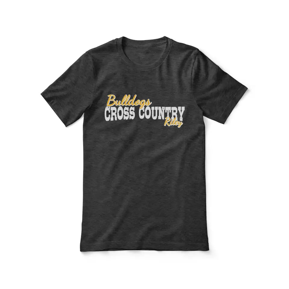 custom cross country mascot and cross country runner name on a unisex t-shirt with a white graphic