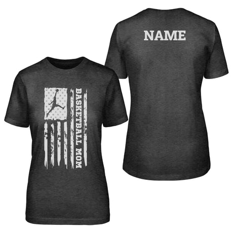 basketball mom vertical flag with basketball player name on a unisex t-shirt with a white graphic