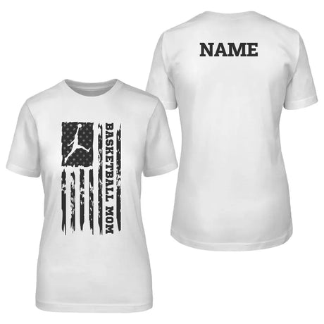 basketball mom vertical flag with basketball player name on a unisex t-shirt with a black graphic