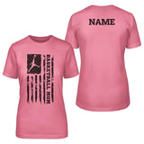 basketball mom vertical flag with basketball player name on a unisex t-shirt with a black graphic