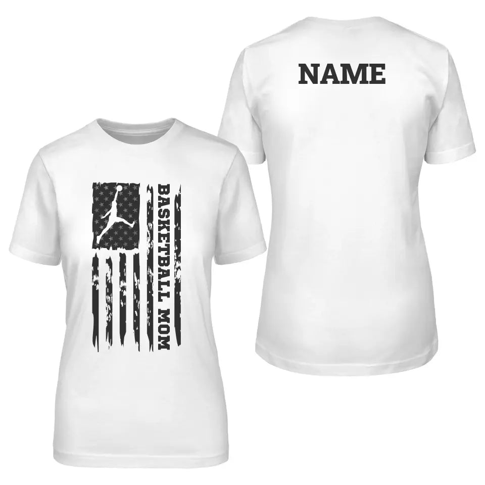 basketball mom vertical flag with basketball player name on a unisex t-shirt with a black graphic