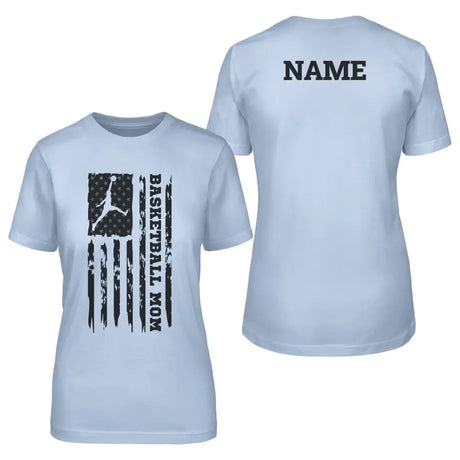 basketball mom vertical flag with basketball player name on a unisex t-shirt with a black graphic