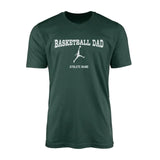 basketball dad with basketball player icon and basketball player name on a mens t-shirt with a white graphic