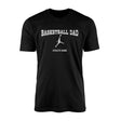 basketball dad with basketball player icon and basketball player name on a mens t-shirt with a white graphic