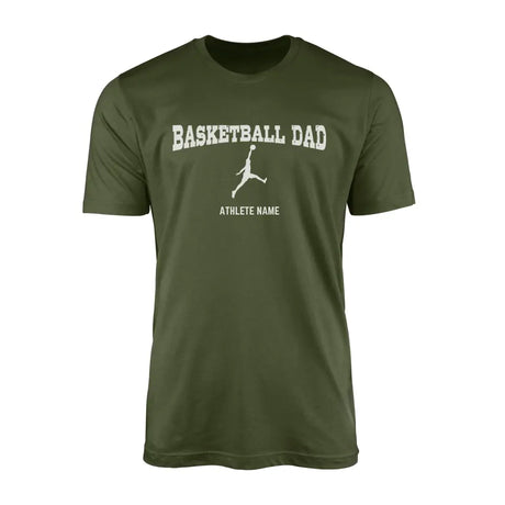 basketball dad with basketball player icon and basketball player name on a mens t-shirt with a white graphic