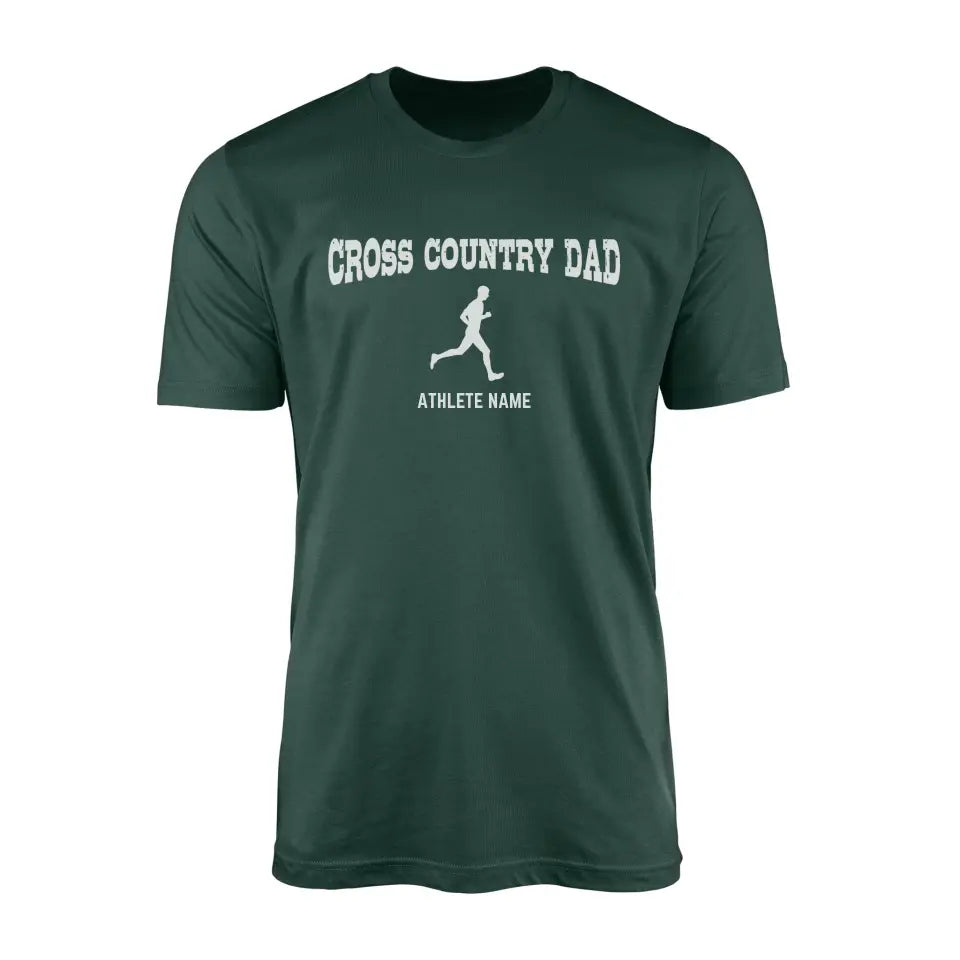 cross country dad with cross country runner icon and cross country runner name on a mens t-shirt with a white graphic