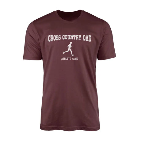 cross country dad with cross country runner icon and cross country runner name on a mens t-shirt with a white graphic