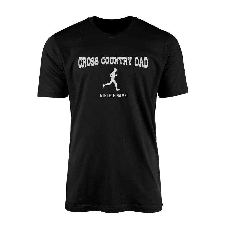 cross country dad with cross country runner icon and cross country runner name on a mens t-shirt with a white graphic