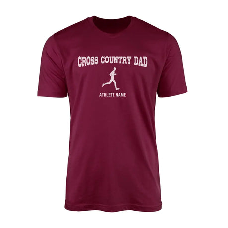 cross country dad with cross country runner icon and cross country runner name on a mens t-shirt with a white graphic